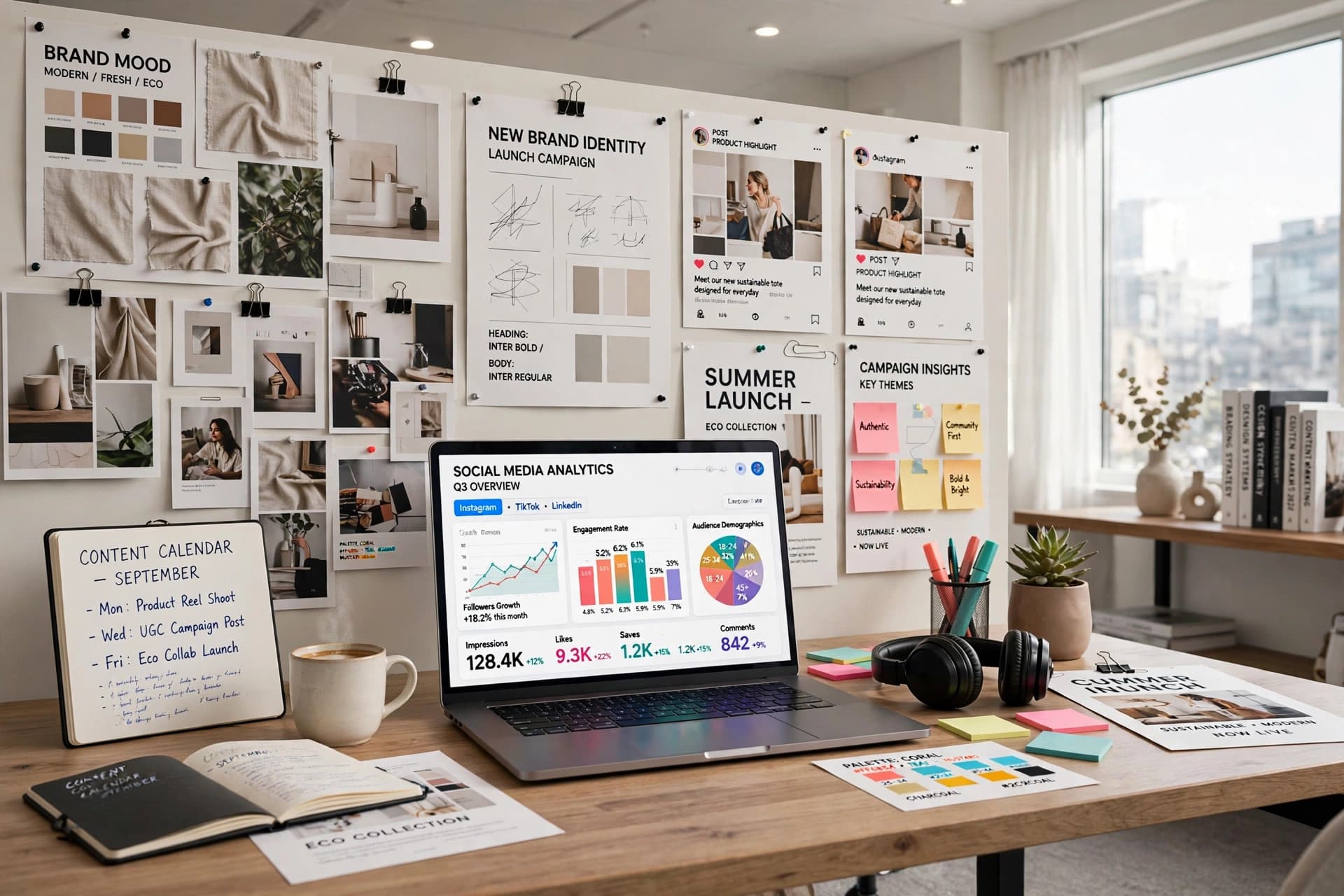 An agency desk with campaign boards and social analytics on a laptop